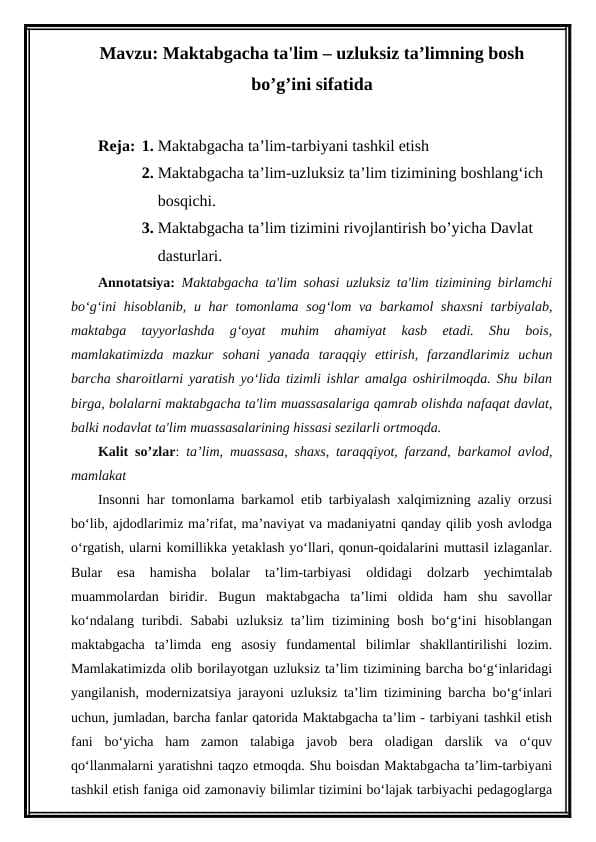 Maktabgacha ta'lim – uzluksiz ta’limning bosh bo’g’ini sifatida