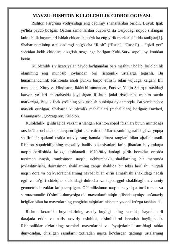 RISHTON KULOLCHILIK GIDROLOGIYASI