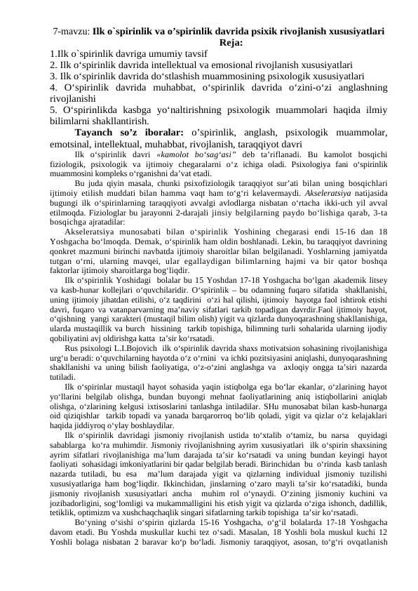Ilk o`spirinlik va o’spirinlik davrida psixik rivojlanish xususiyatlari
