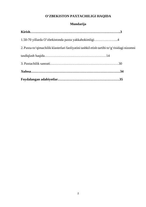 O‘ZBEKISTON PAXTACHILIGI HAQIDA