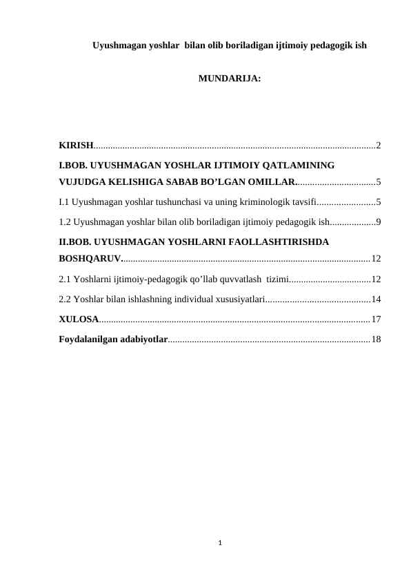 Uyushmagan yoshlar  bilan olib boriladigan ijtimoiy pedagogik ish