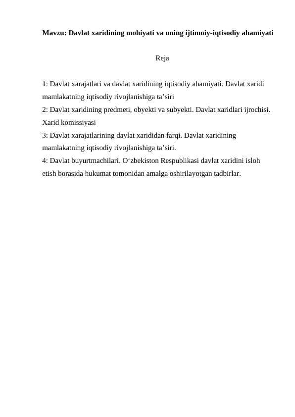 Davlat xaridining mohiyati va uning ijtimoiy-iqtisodiy ahamiyati