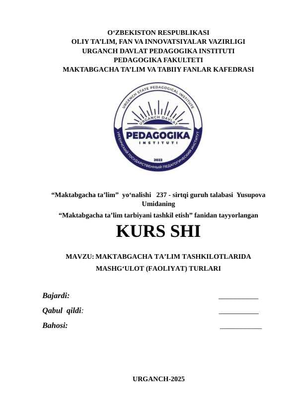 MAKTABGACHA TA’LIM TASHKILOTLARIDA MASHG‘ULOT (FAOLIYAT) TURLARI