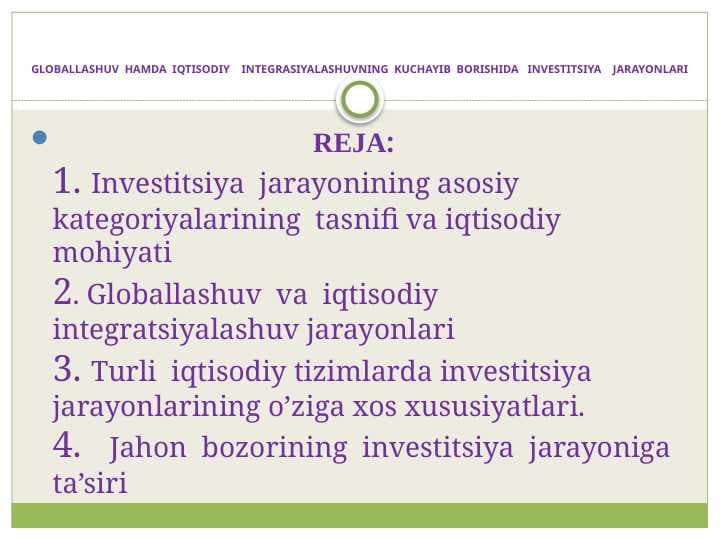 GLOBALLASHUV  HAMDA  IQTISODIY    INTEGRASIYALASHUVNING  KUCHAYIB  BORISHIDA   INVESTITSIYA    JARAYONLARI