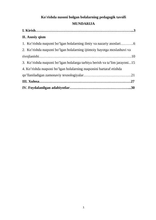 Ko'rishda nusoni bolgan bolalarning pedagogik tavsifi