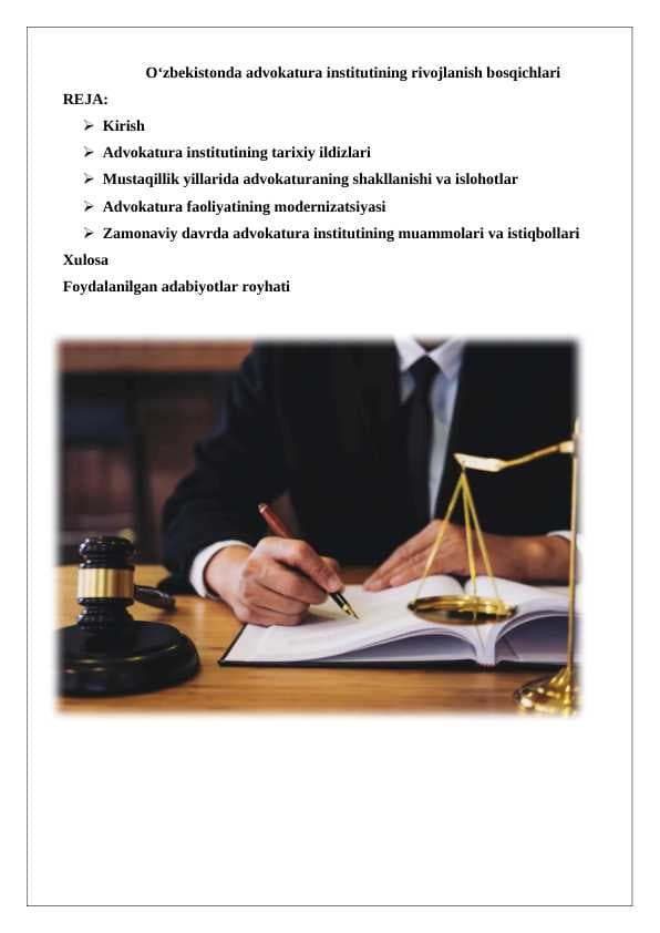 O‘zbekistonda advokatura institutining rivojlanish bosqichlari