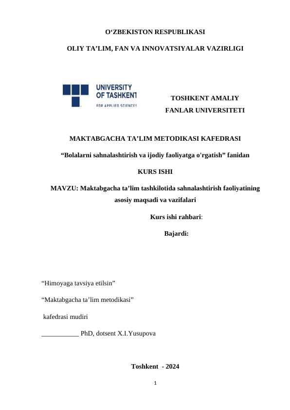 Maktabgacha ta’lim tashkilotida sahnalashtirish faoliyatining asosiy maqsadi va vazifalari