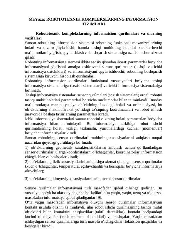 ROBOTOTEXNIK KOMPLEKSLARNING INFORMATSION TIZIMLARI