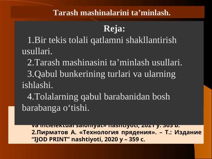 Tarash mashinalarini ta’minlash.