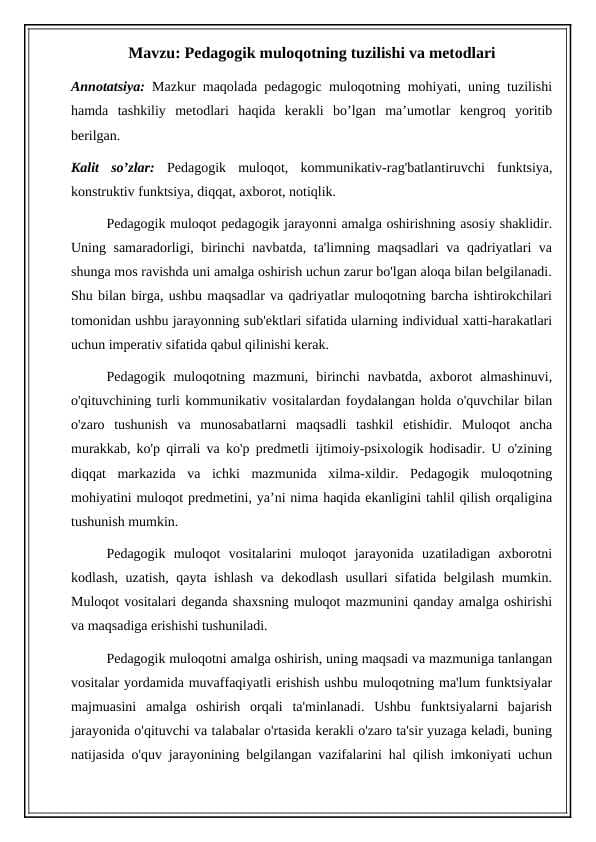 Pedagogik muloqotning tuzilishi va metodlari
