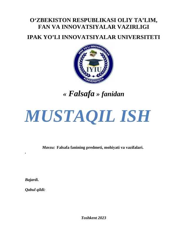 Falsafa fanining predmeti, mohiyati va vazifalari.