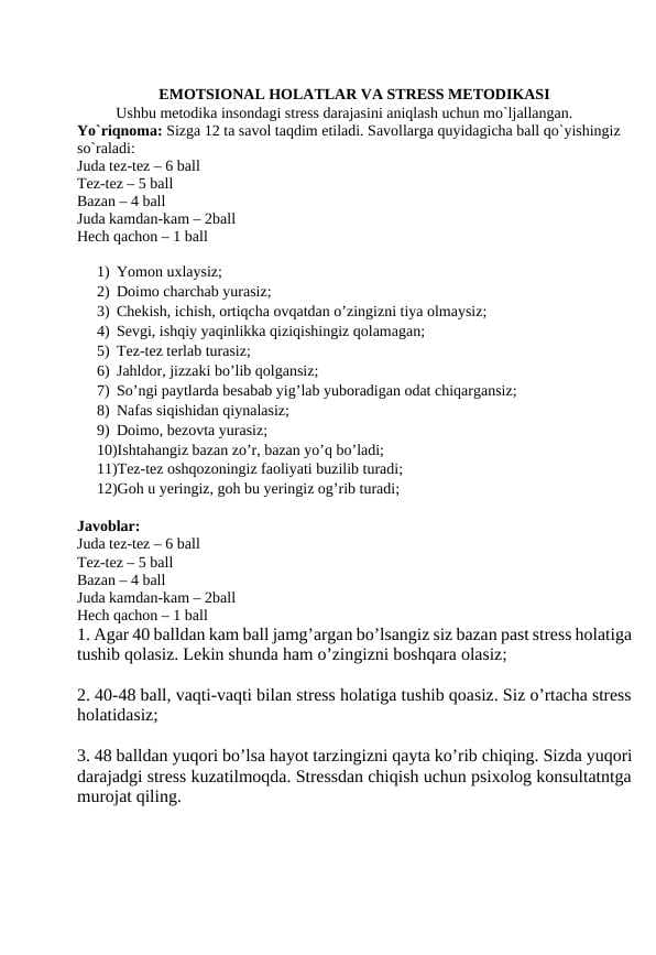 EMOTSIONAL HOLATLAR VA STRESS METODIKASI