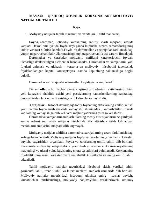 QISHLOQ XO’JALIK KORXONALARI MOLIYAVIY NATIJALARI TAHLILI kurs ishi