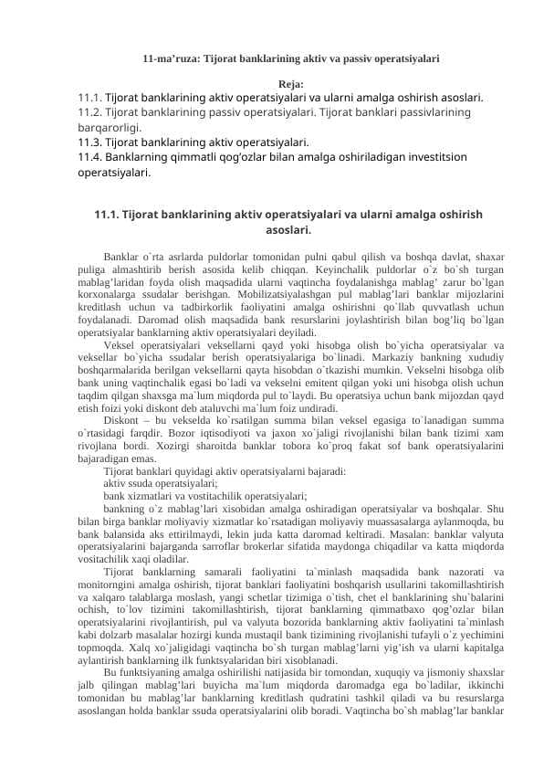 Tijorat banklarining aktiv va passiv operatsiyalari