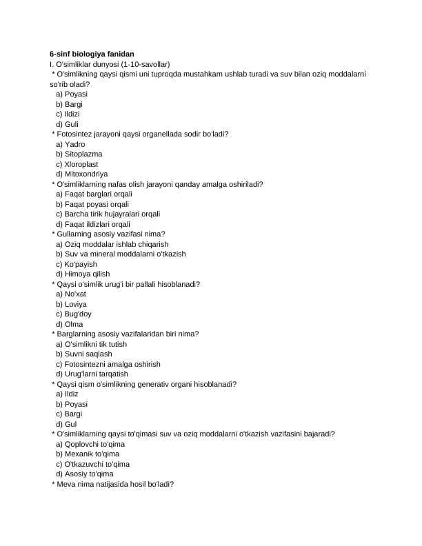 6 sinf biologiya fanidan mavzulashtirilgan test