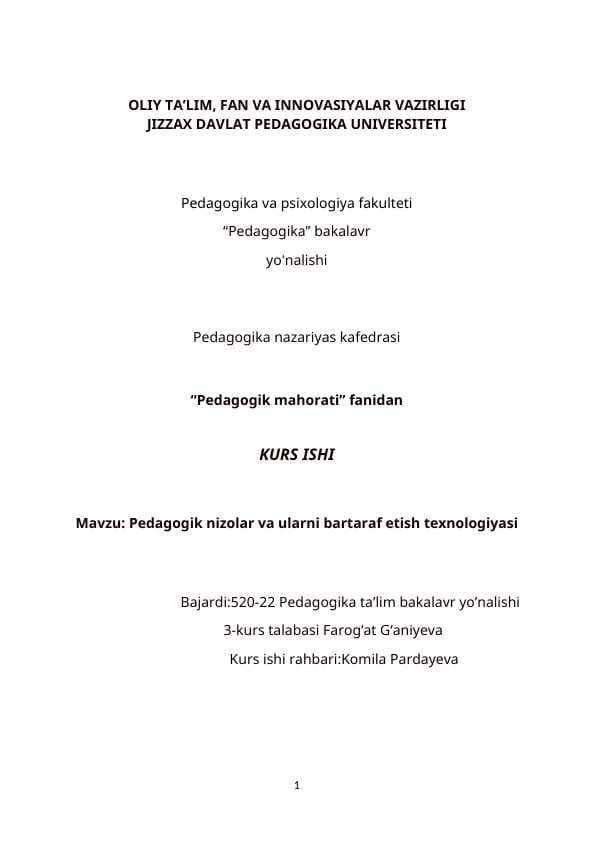 Pedagogik nizolar va ularni bartaraf etish texnologiyasi