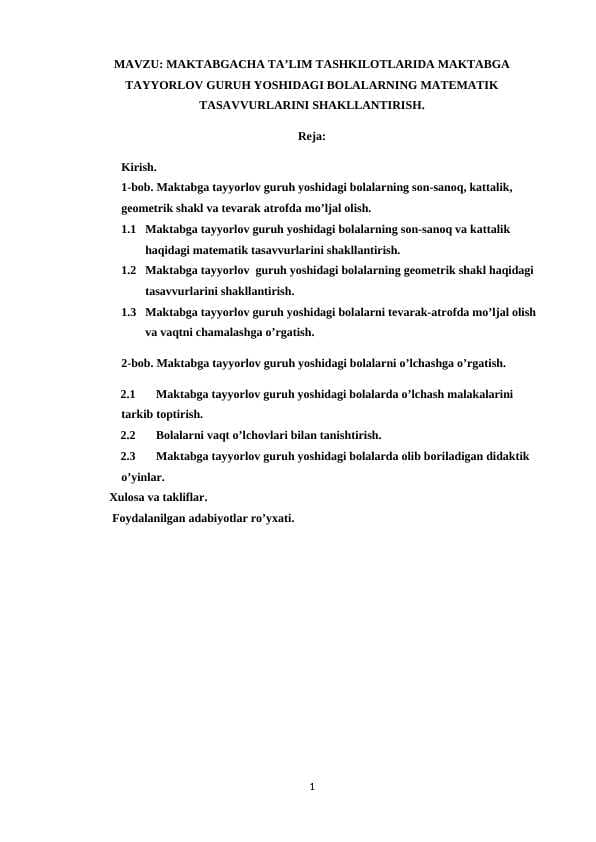 MAKTABGACHA TA’LIM TASHKILOTLARIDA MAKTABGA TAYYORLOV GURUH YOSHIDAGI BOLALARNING MATEMATIK TASAVVURLARINI SHAKLLANTIRISH