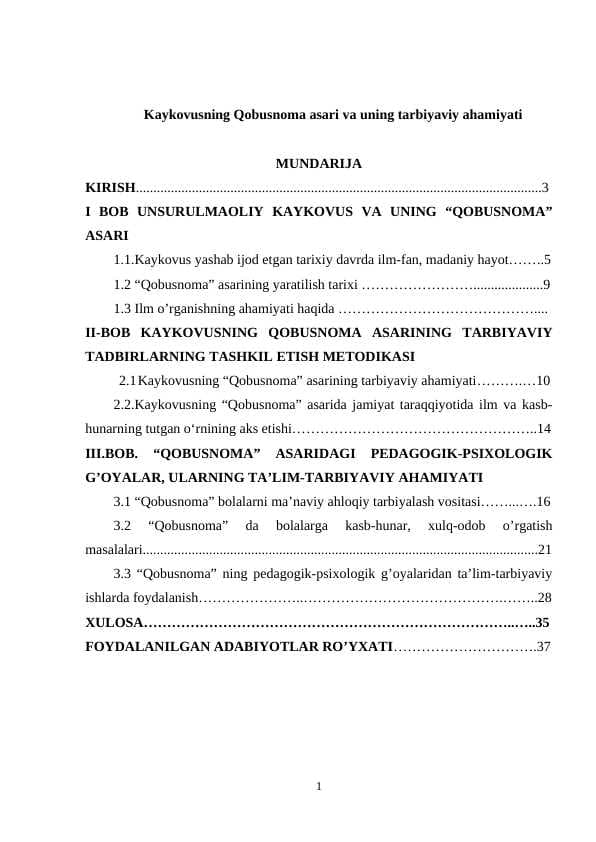 Kaykovusning Qobusnoma asari va uning tarbiyaviy ahamiyati