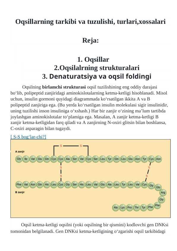 🧬 Oqsillar: Tarkibi, Tuzilishi, Turlari va Xossalari - 1-Kurs Talabalari uchun To'liq Mustaqil Ish Qo'llanmasi | Biokimyo