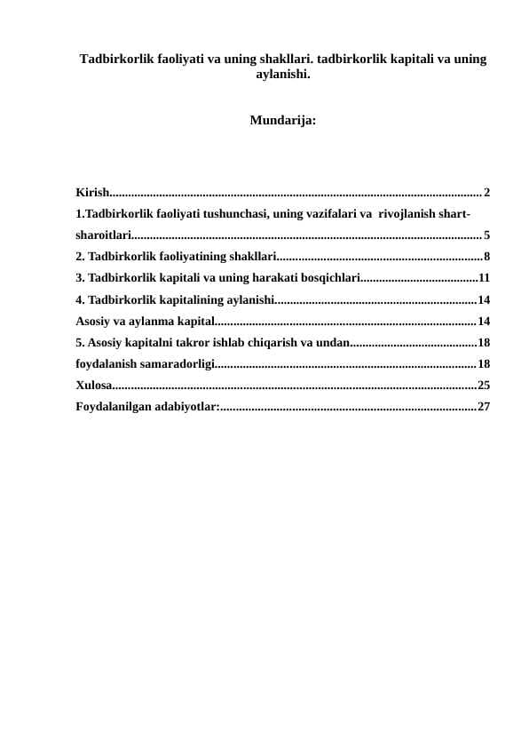 Tadbirkorlik faoliyati va uning shakllari. tadbirkorlik kapitali va uning aylanishi.