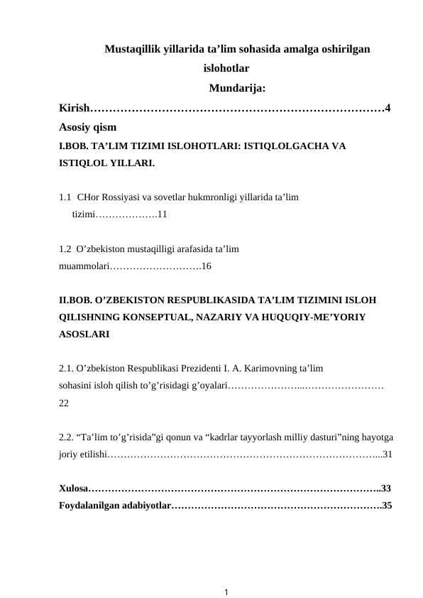 Mustaqillik yillarida ta’lim sohasida amalga oshirilgan islohotlar