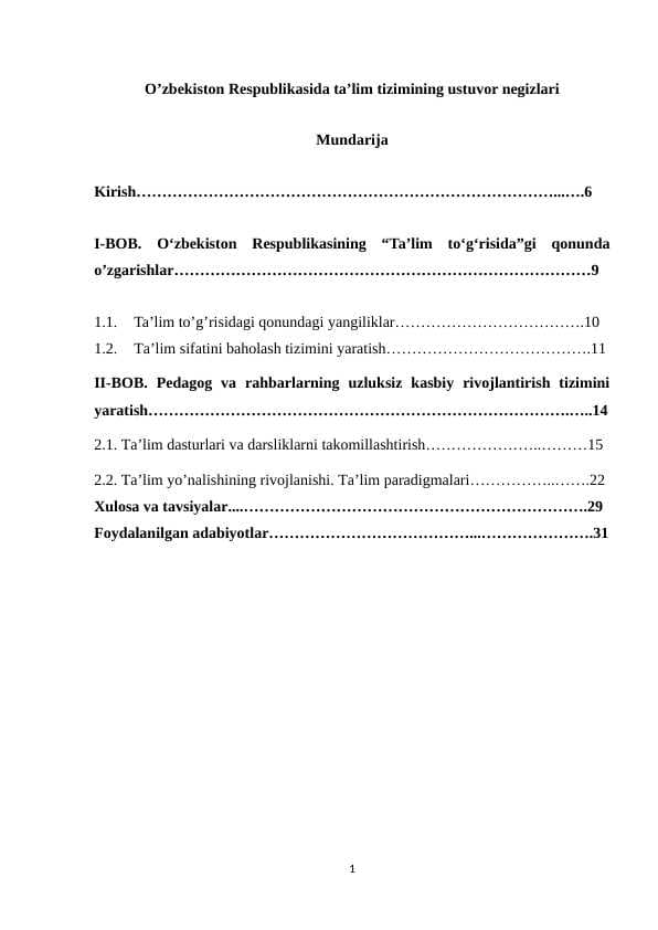 O’zbekiston Respublikasida ta’lim tizimining ustuvor negizlari