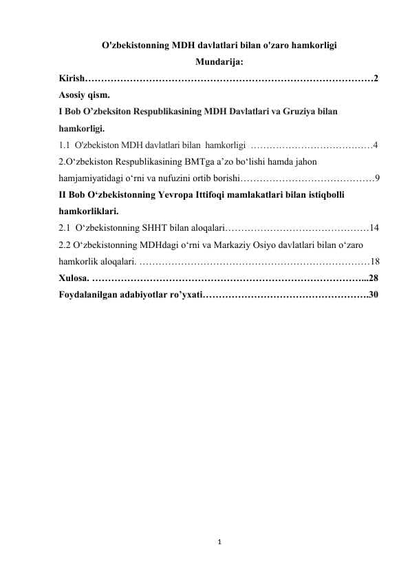 O'zbekistonning MDH davlatlari bilan o'zaro hamkorligi