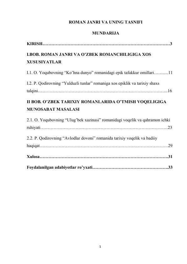 ROMAN JANRI VA UNING TASNIFI