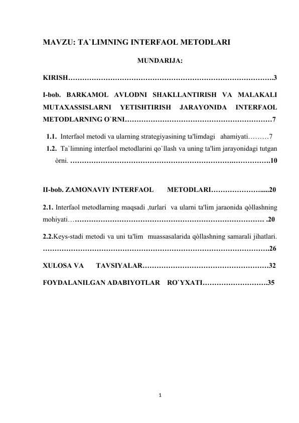 TA`LIMNING INTERFAOL METODLARI