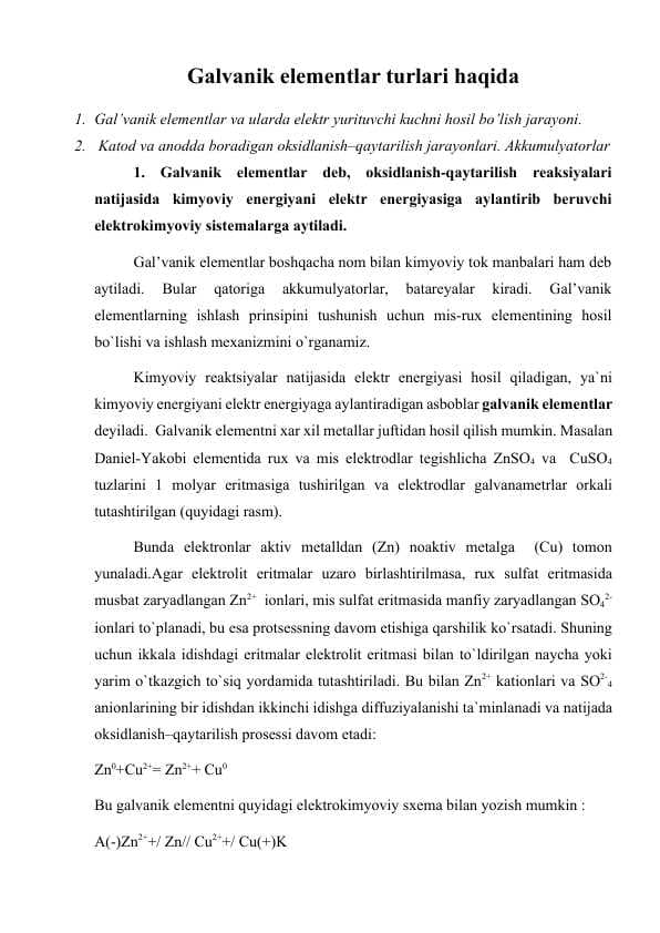 "Galvanik Elementlar: Turlari, Ish Prinsipi va Qo'llanilishi" - 1-Kurs Kimyo Talabalari uchun Tayyor Referat | Laboratoriya Tajribalari