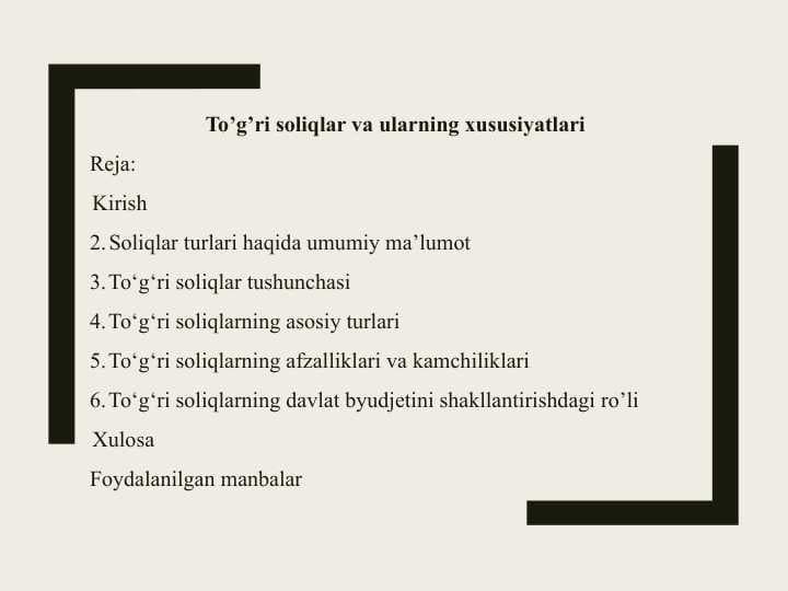 To’g’ri soliqlar va ularning xususiyatlari 25