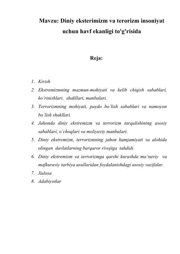 Diniy eksterimizm va terorizm insoniyat uchun havf ekanligi to'g'risida