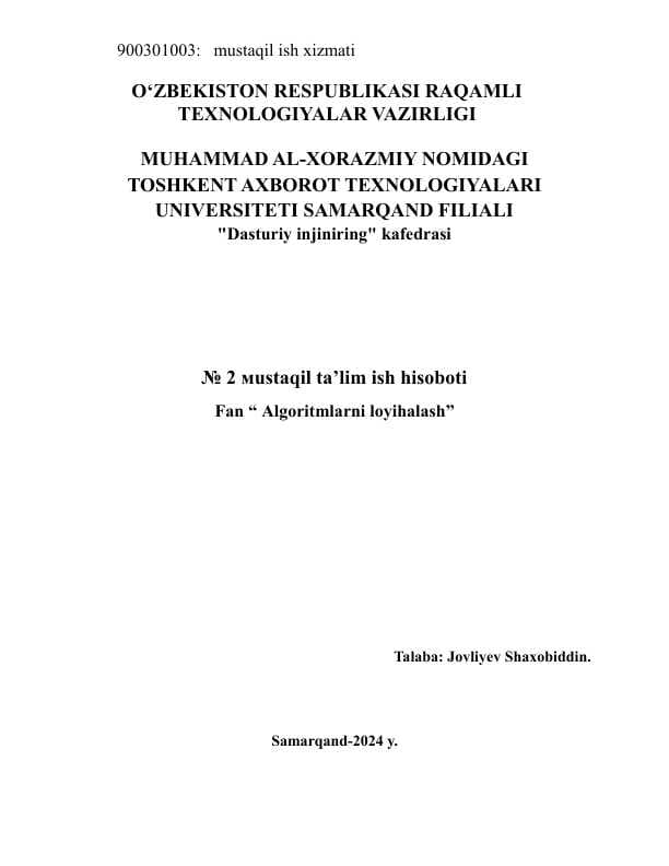 Chiziqli dasturlash masalasining qo’yilishi (maqsad funksiya, chegaraviy shartlar,  matematik model)   Chiziqli dasturlash (CHD) – bu chiziqli mezonlar va o‘zgaruvchilarning chiziqli bog‘liqligini ifodalovchi ekstremal masalalarni yechish usullarini o‘rganuvchi matematik dasturlashning bir yo‘nalishi hisoblanadi.   Chiziqli dasturlash masalasining (CHDM) umumiy qo‘yilishi quyidagi ko‘rinishda shakllantiriladi.