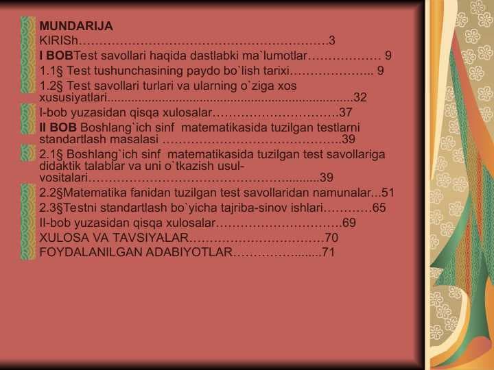 Test savollari haqida dastlabki ma`lumotlar