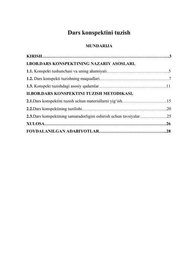 Dars konspektini tuzish