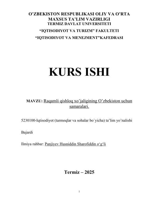 Raqamli qishloq xo’jaligining O’zbekiston uchun samaralari.