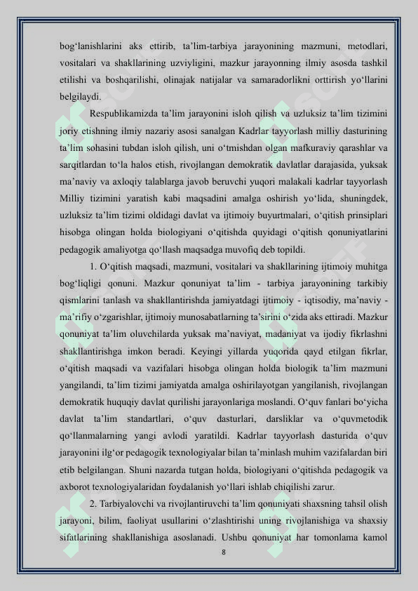 MAVZU: BIOLOGIOYANI O`QITISHDA TA’LIM-TARBIYA UZVIYLIGI