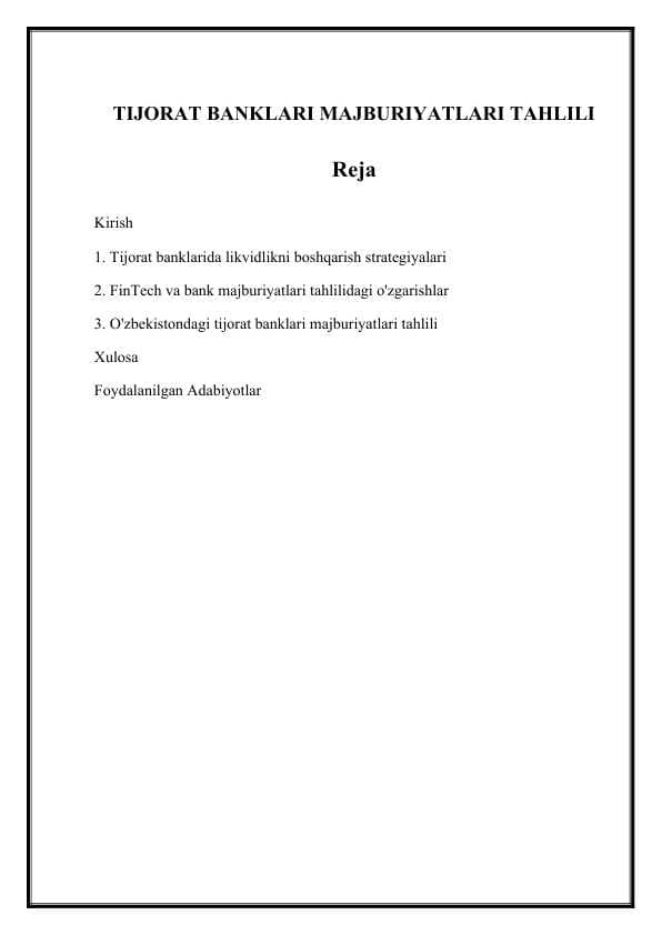Tijorat banklari majburiyatlari tahlili
