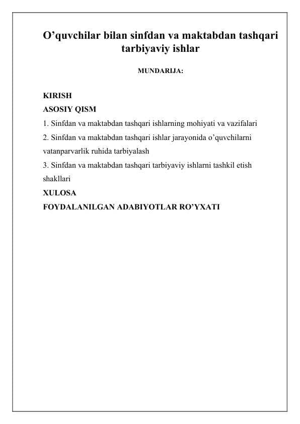 O’quvchilar bilan sinfdan va maktabdan tashqari tarbiyaviy ishlar