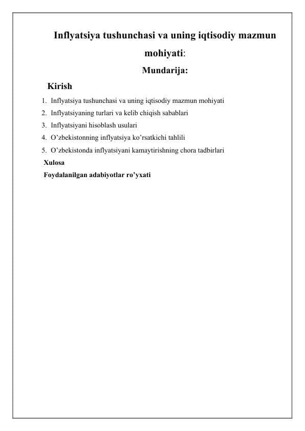 Inflyatsiya tushunchasi va uning iqtisodiy mazmun mohiyati