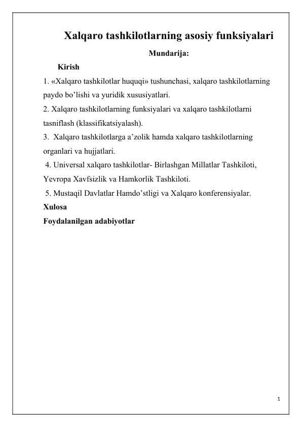 Xalqaro tashkilotlarning asosiy funksiyalari
