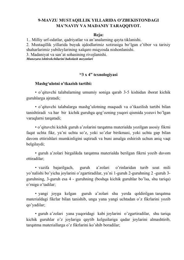 MUSTAQILLIK YILLARIDA O’ZBEKISTONDAGI MA’NAVIY VA MADANIY TARAQQIYOT.