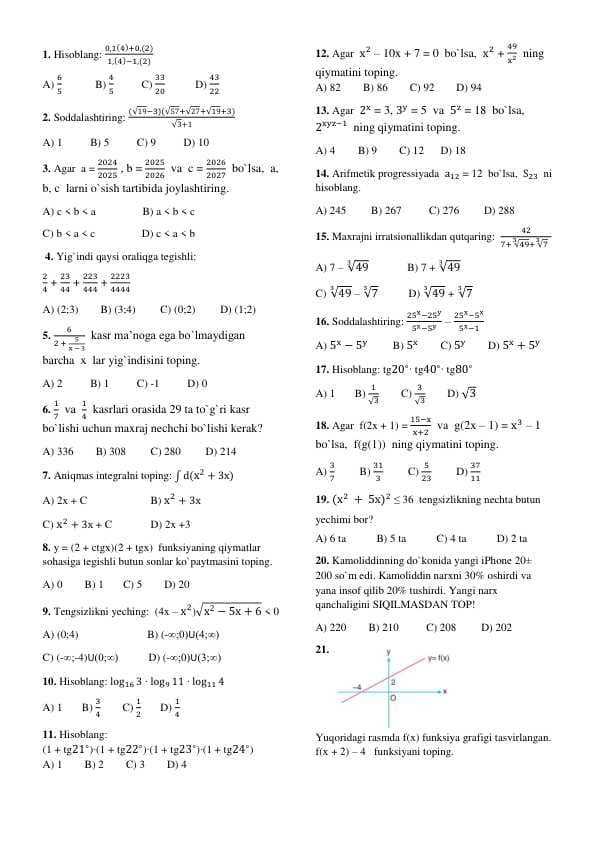 Matematikadan takrorlash testi