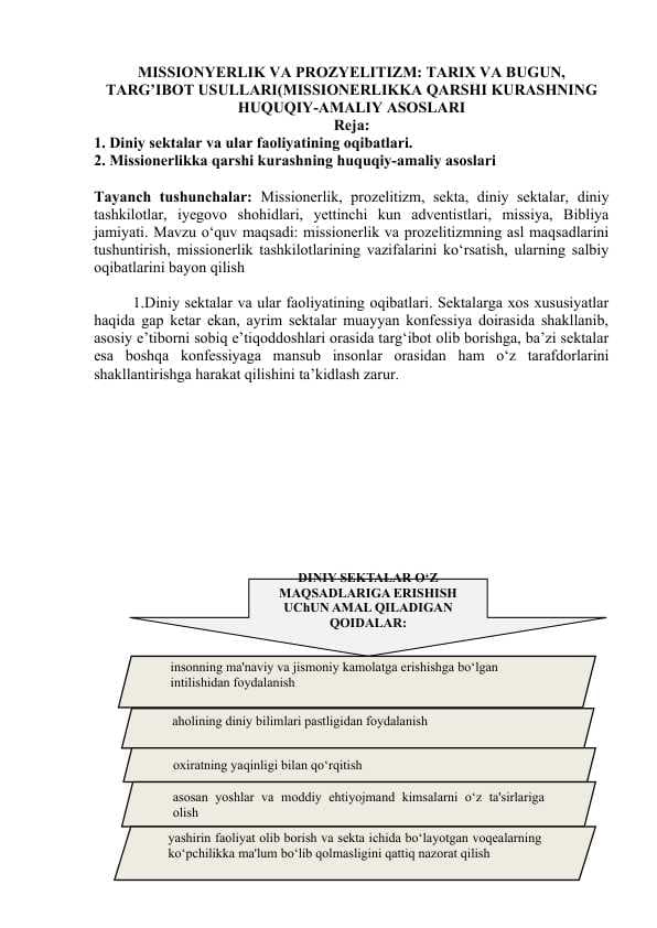 MISSIONYERLIK VA PROZYELITIZM: TARIX VA BUGUN, TARG’IBOT USULLARI(MISSIONERLIKKA QARSHI KURASHNING HUQUQIY-AMALIY ASOSLARI