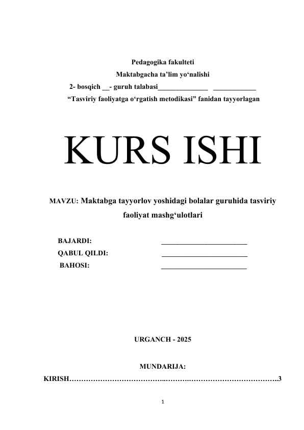 Maktabga tayyorlov yoshidagi bolalar guruhida tasviriy faoliyat mashg‘ulotlari