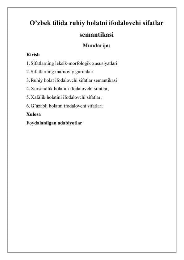 O’zbek tilida ruhiy holatni ifodalovchi sifatlar semantikasi