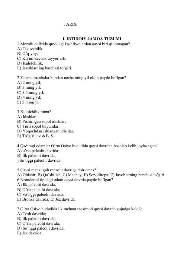 Tarixdan mavzulashtirilgan testlar