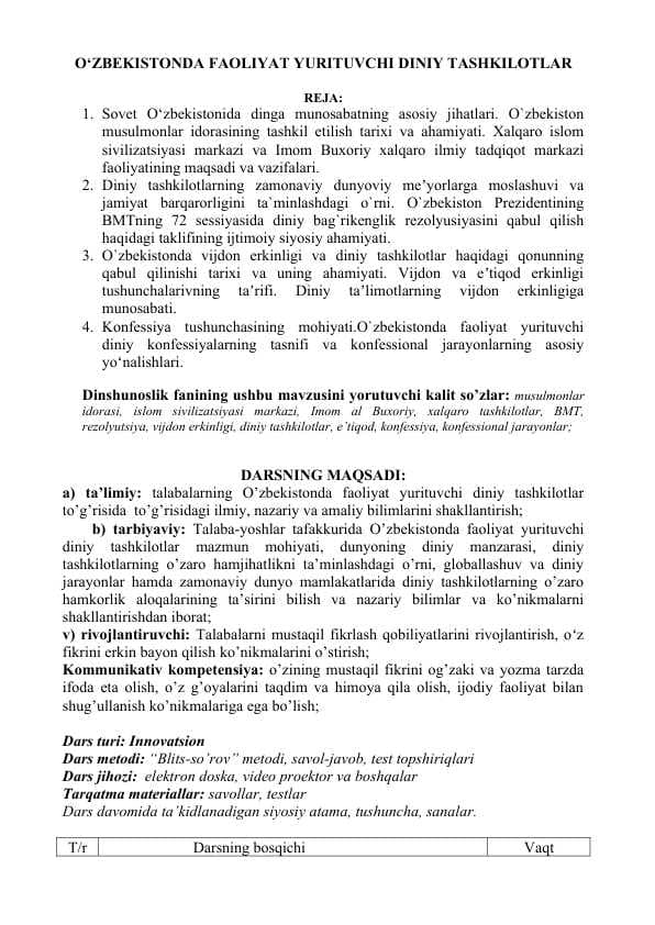 O‘ZBEKISTONDA FAOLIYAT YURITUVCHI DINIY TASHKILOTLAR