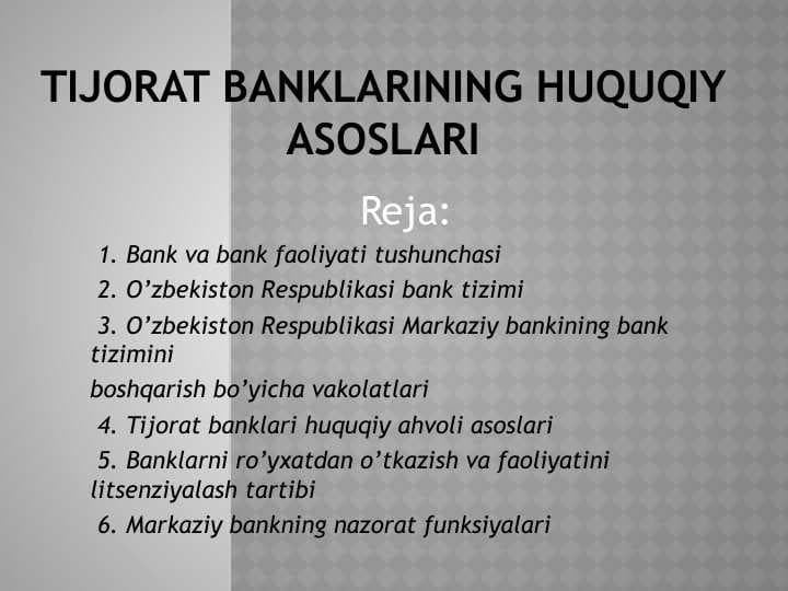 tijorat banklarining huquqiy asoslari