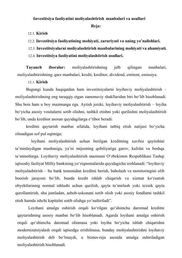 Investitsiya faoliyatini moliyalashtirish manbalari va usullari